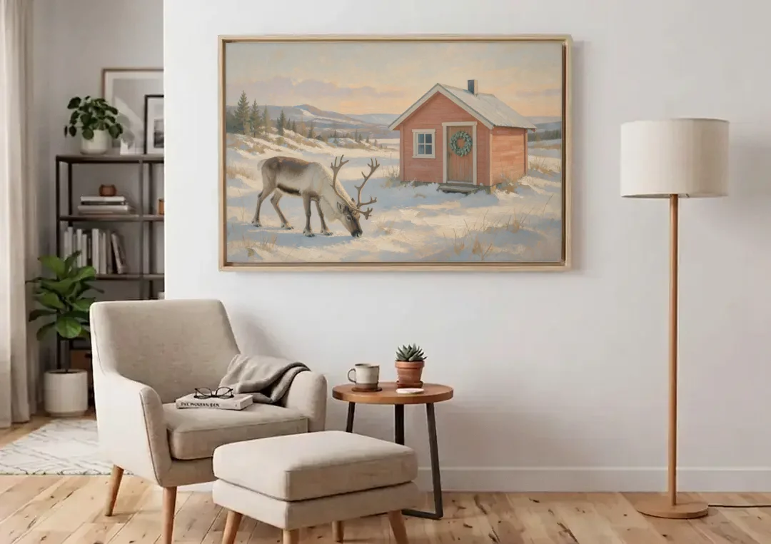 Reindeer Grazing by a Red Nordic Cabin canvas wall art above an armchair in a bright living room