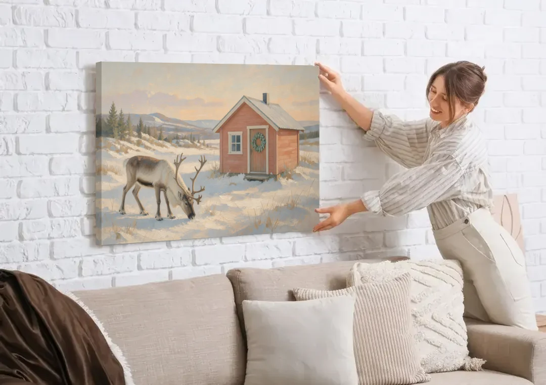 Reindeer Grazing by a Red Nordic Cabin canvas wall art being hung on a white brick wall above a sofa