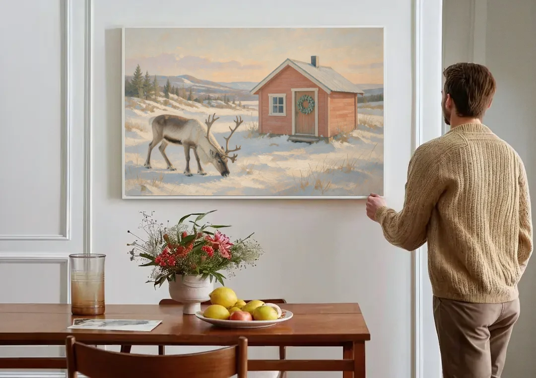 Reindeer Grazing by a Red Nordic Cabin canvas wall art above a dining table