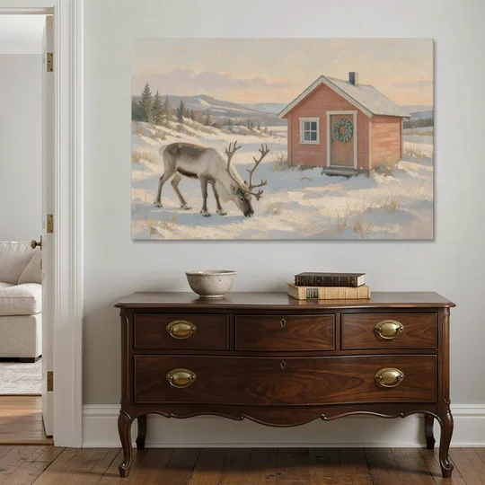 Reindeer Grazing by a Red Nordic Cabin - Canvas Wall Art - Coffee Table - 60x40