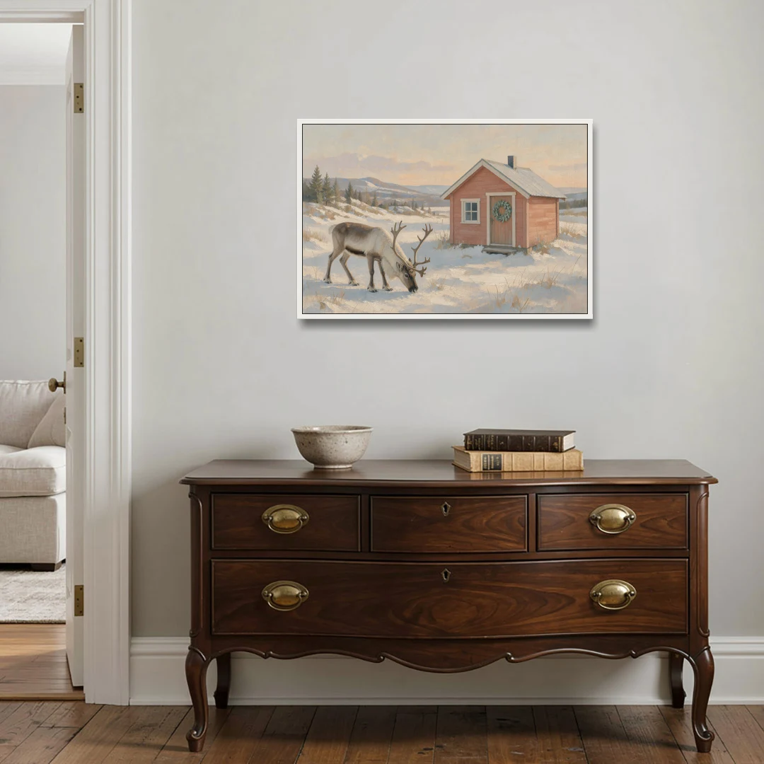 Reindeer Grazing by a Red Nordic Cabin - White Framed Canvas Wall Art - Coffee Table - 36x24