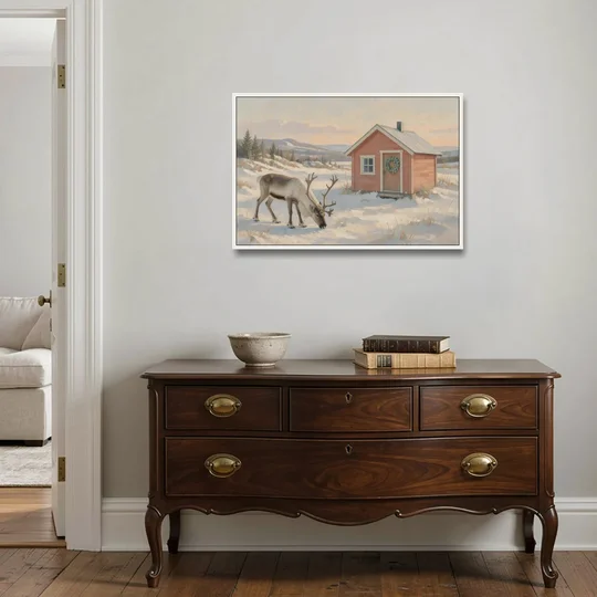 Reindeer Grazing by a Red Nordic Cabin - White Framed Canvas Wall Art - Coffee Table - 36x24