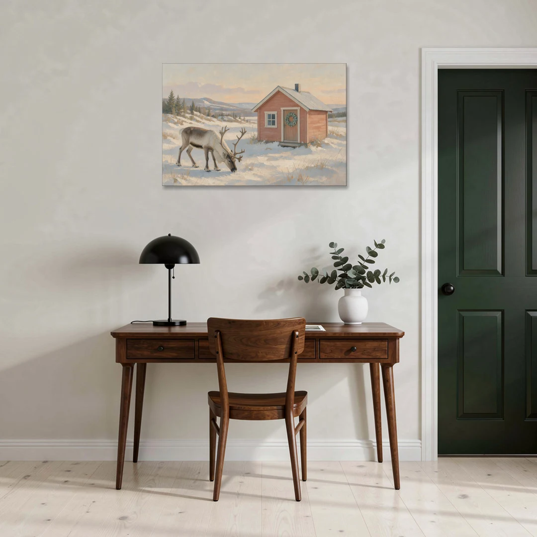 Reindeer Grazing by a Red Nordic Cabin - Canvas Wall Art - Office - 36x24