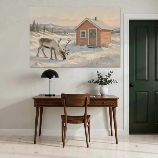 Reindeer Grazing by a Red Nordic Cabin - Canvas Wall Art - Office - 60x40