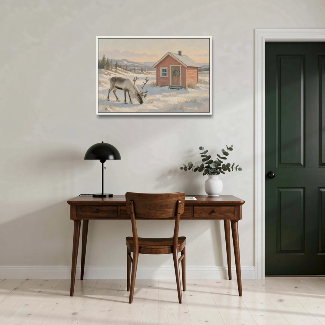 Reindeer Grazing by a Red Nordic Cabin - White Framed Canvas Wall Art - Office - 36x24