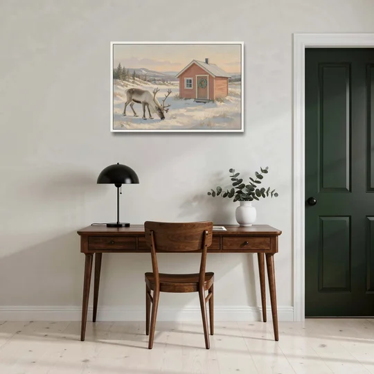 Reindeer Grazing by a Red Nordic Cabin - White Framed Canvas Wall Art - Office - 36x24
