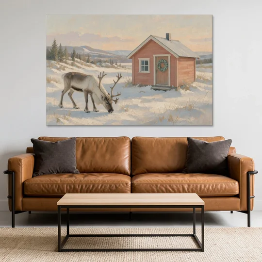 Reindeer Grazing by a Red Nordic Cabin - Canvas Wall Art - Sofa - 60x40