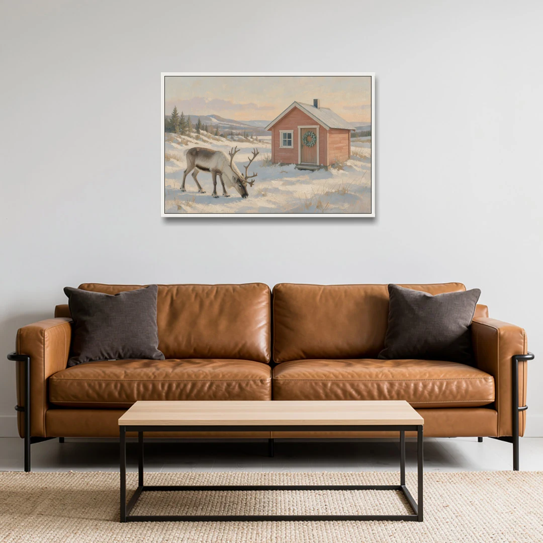 Reindeer Grazing by a Red Nordic Cabin - White Framed Canvas Wall Art - Sofa - 36x24