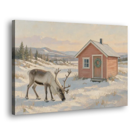 Reindeer Grazing by a Red Nordic Cabin - Canvas Wall Art - Side