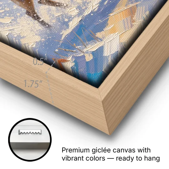 Reindeer in Snow Painting at Full Gallop - Oak Framed Canvas Wall Art - Gallery Wrap Corner