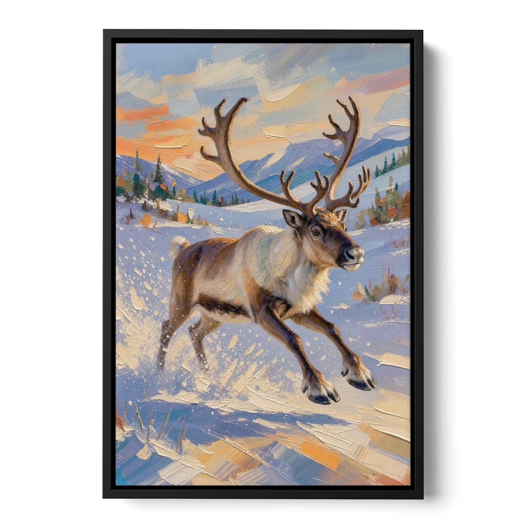 Reindeer in Snow Painting at Full Gallop - Black Framed Canvas Wall Art - Front