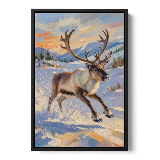 Reindeer in Snow Painting at Full Gallop - Black Framed Canvas Wall Art - Front