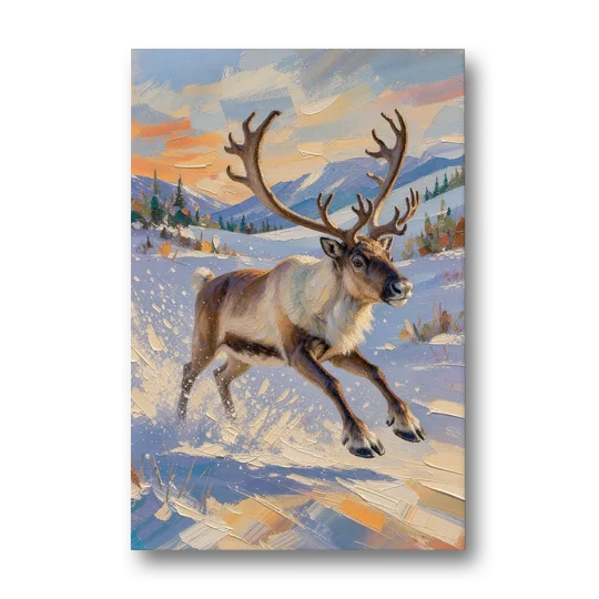Reindeer in Snow Painting at Full Gallop - Canvas Wall Art - Front