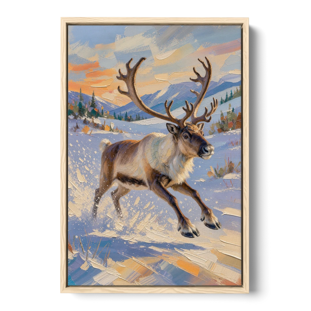 Reindeer in Snow Painting at Full Gallop - Oak Framed Canvas Wall Art - Front