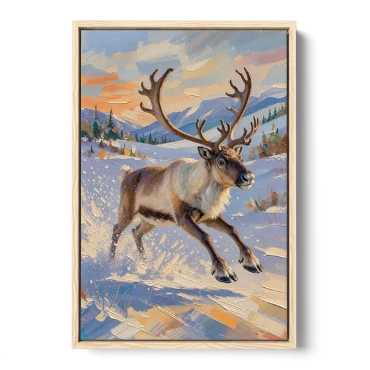 Reindeer in Snow Painting at Full Gallop - Oak Framed Canvas Wall Art - Front