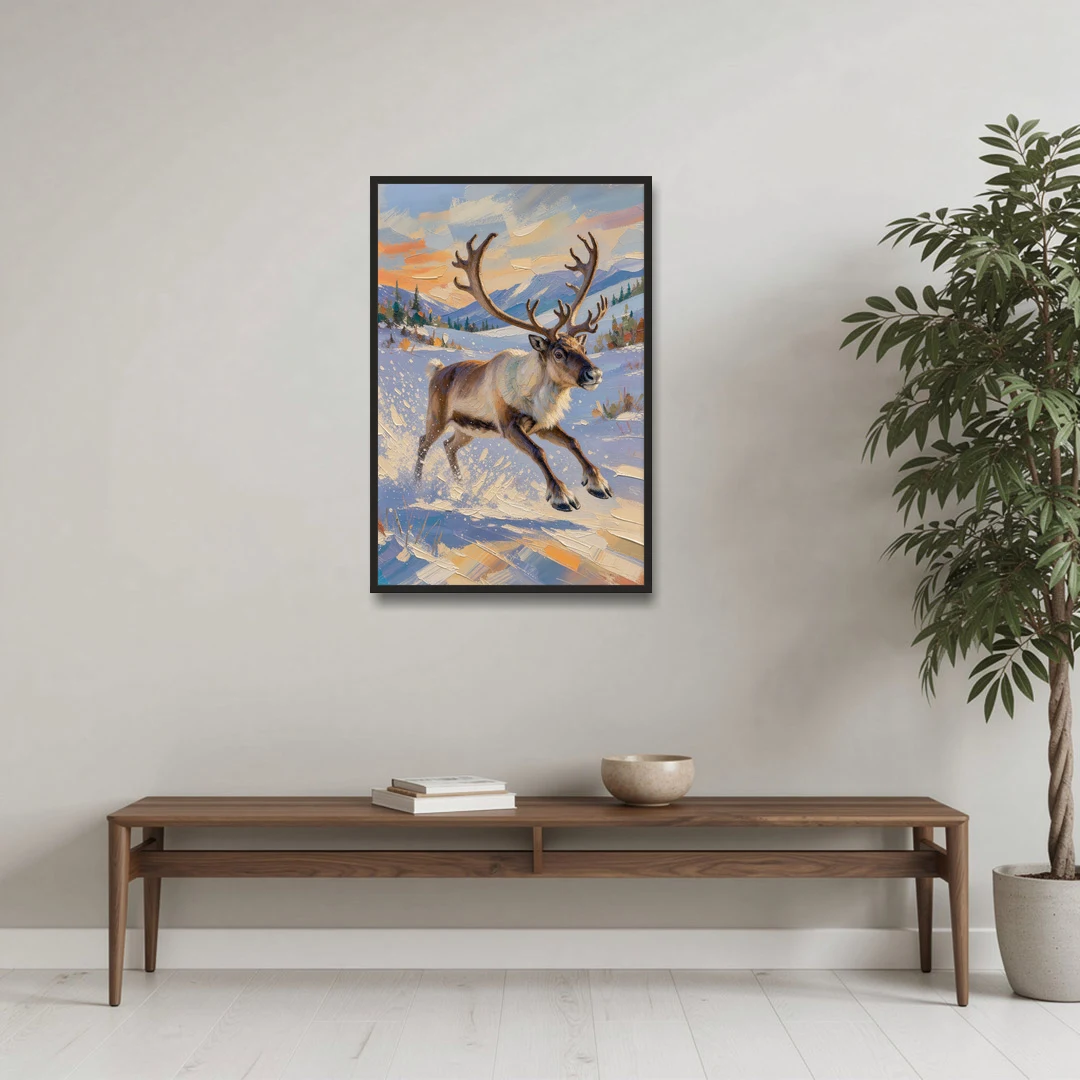 Reindeer in Snow Painting at Full Gallop - Black Framed Canvas Wall Art - Coffee Table - 24x36