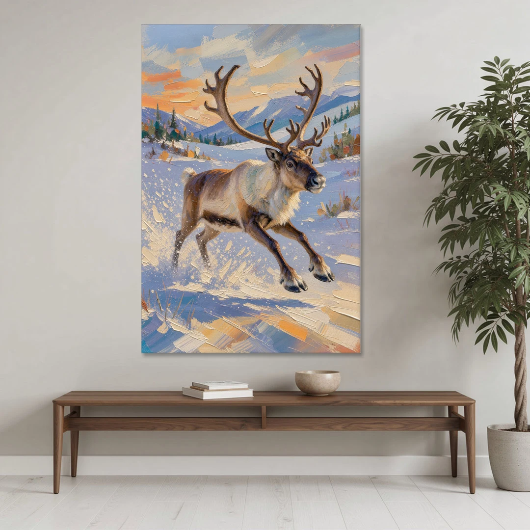 Reindeer in Snow Painting at Full Gallop - Canvas Wall Art - Coffee Table - 40x60