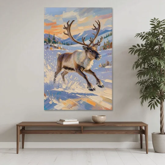 Reindeer in Snow Painting at Full Gallop - Canvas Wall Art - Coffee Table - 40x60