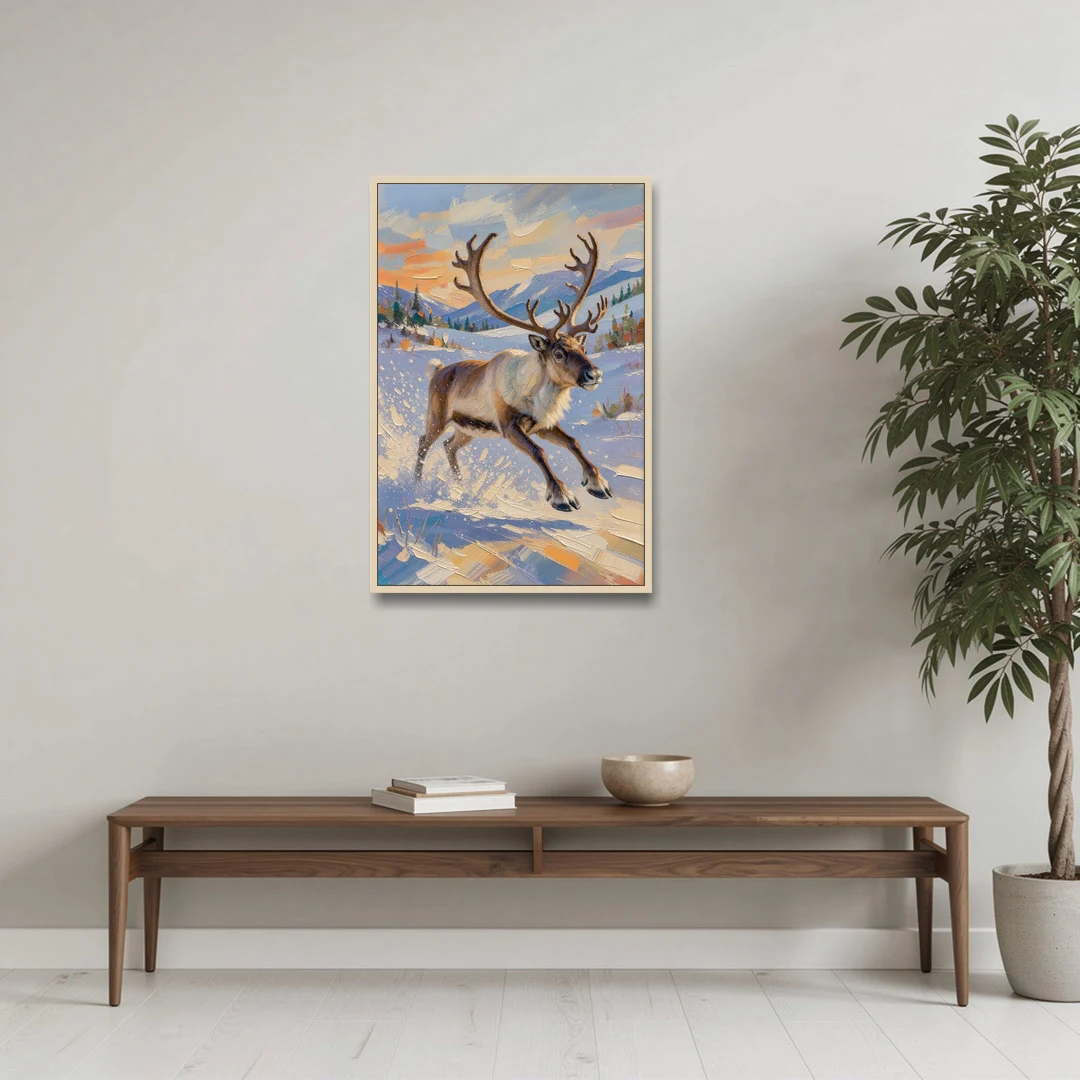 Reindeer in Snow Painting at Full Gallop - Oak Framed Canvas Wall Art - Coffee Table - 24x36