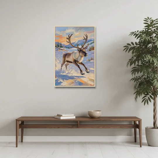 Reindeer in Snow Painting at Full Gallop - Oak Framed Canvas Wall Art - Coffee Table - 24x36