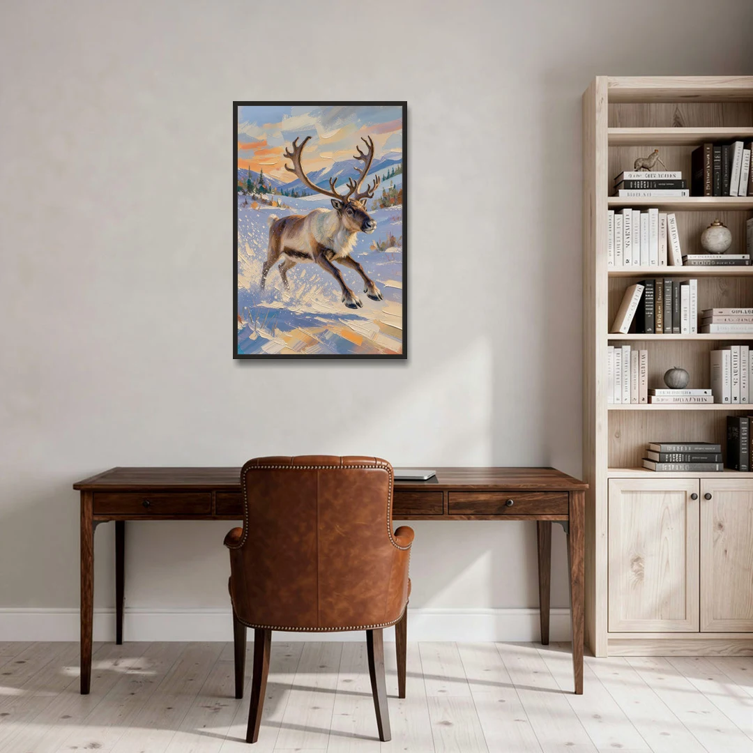Reindeer in Snow Painting at Full Gallop - Black Framed Canvas Wall Art - Office - 24x36