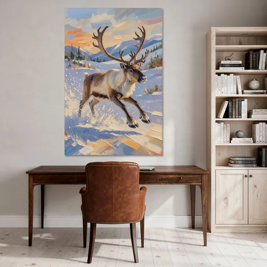 Reindeer in Snow Painting at Full Gallop - Canvas Wall Art - Office - 40x60