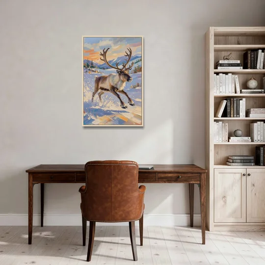 Reindeer in Snow Painting at Full Gallop - Oak Framed Canvas Wall Art - Office - 24x36