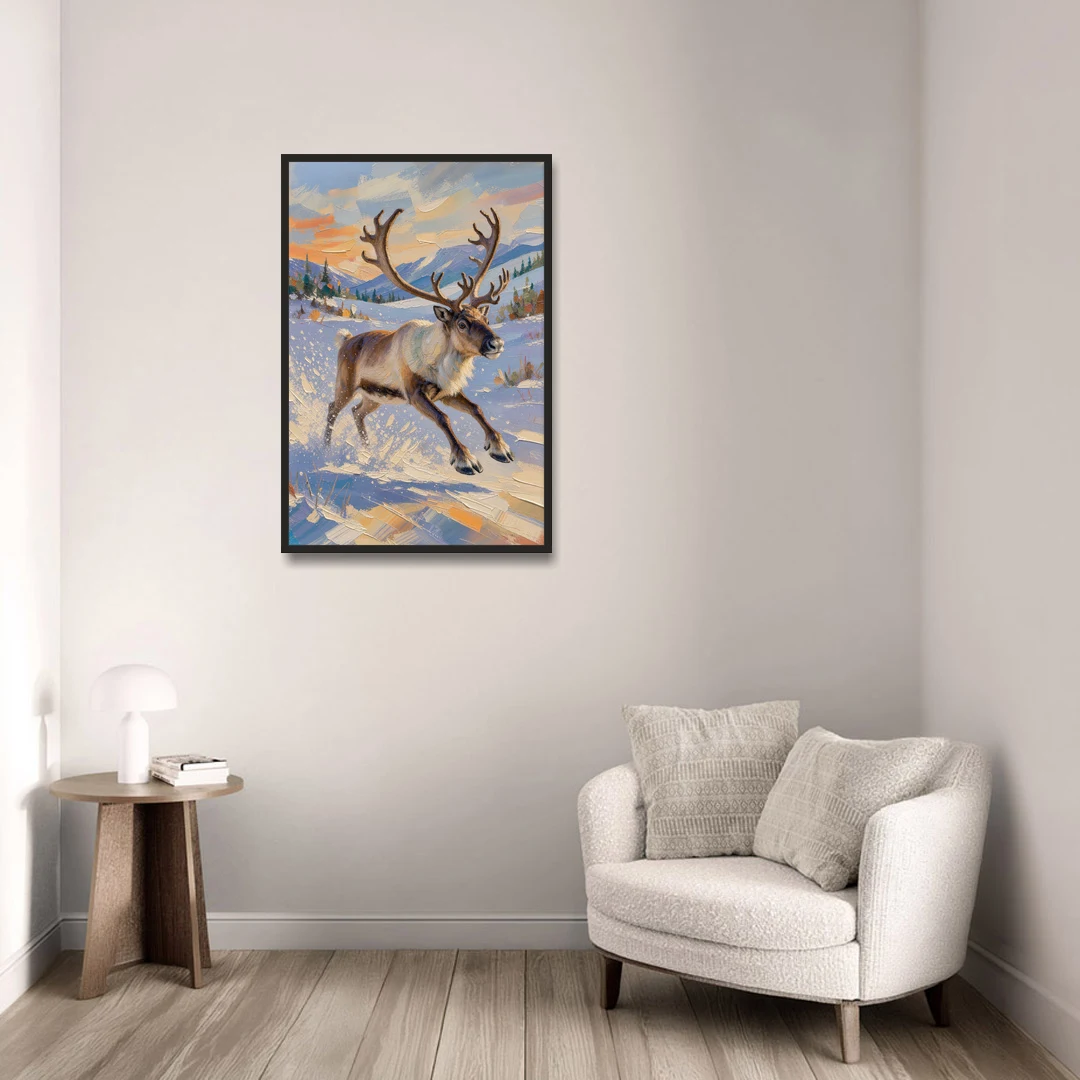 Reindeer in Snow Painting at Full Gallop - Black Framed Canvas Wall Art - Sofa - 24x36