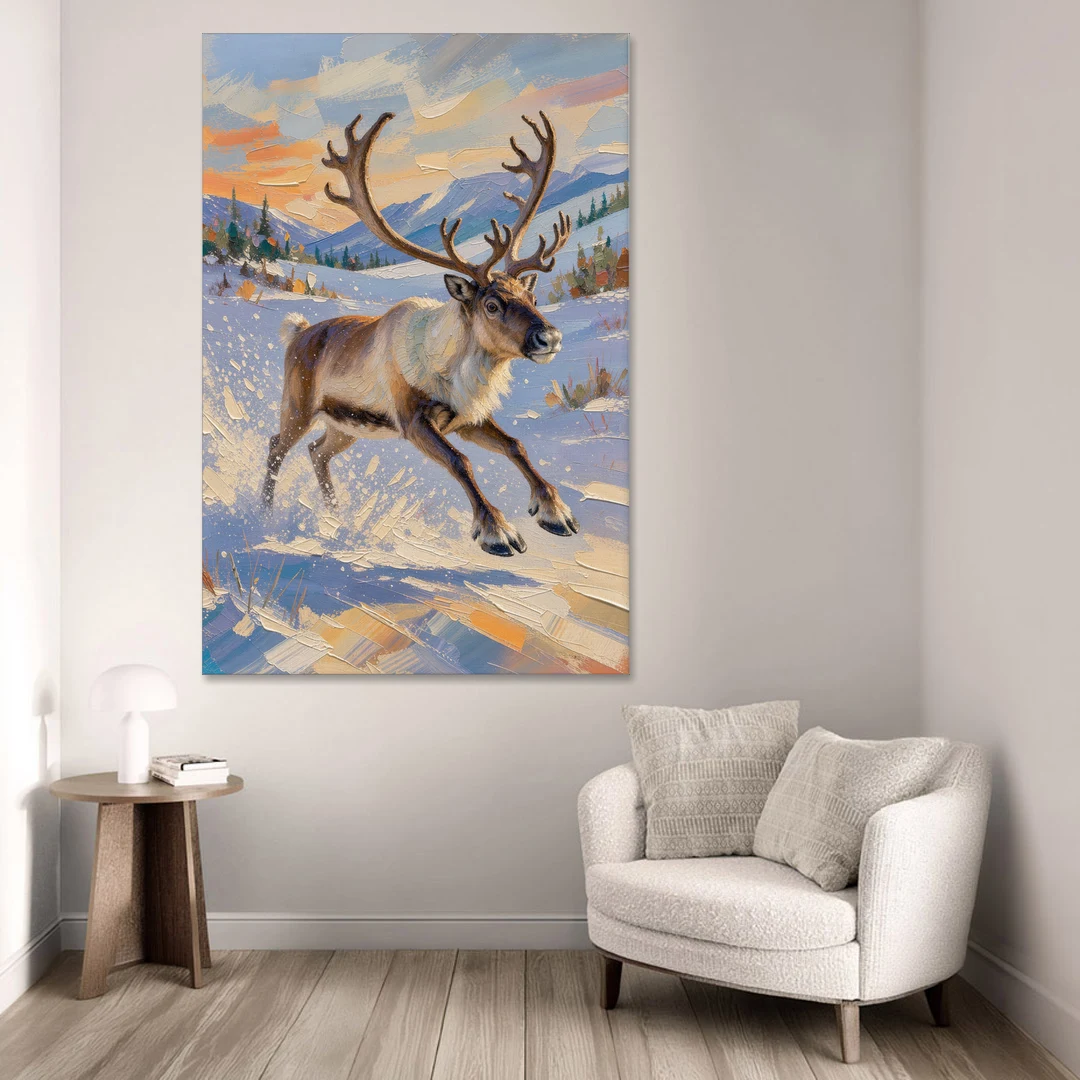 Reindeer in Snow Painting at Full Gallop - Canvas Wall Art - Sofa - 40x60