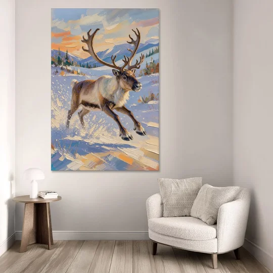 Reindeer in Snow Painting at Full Gallop - Canvas Wall Art - Sofa - 40x60