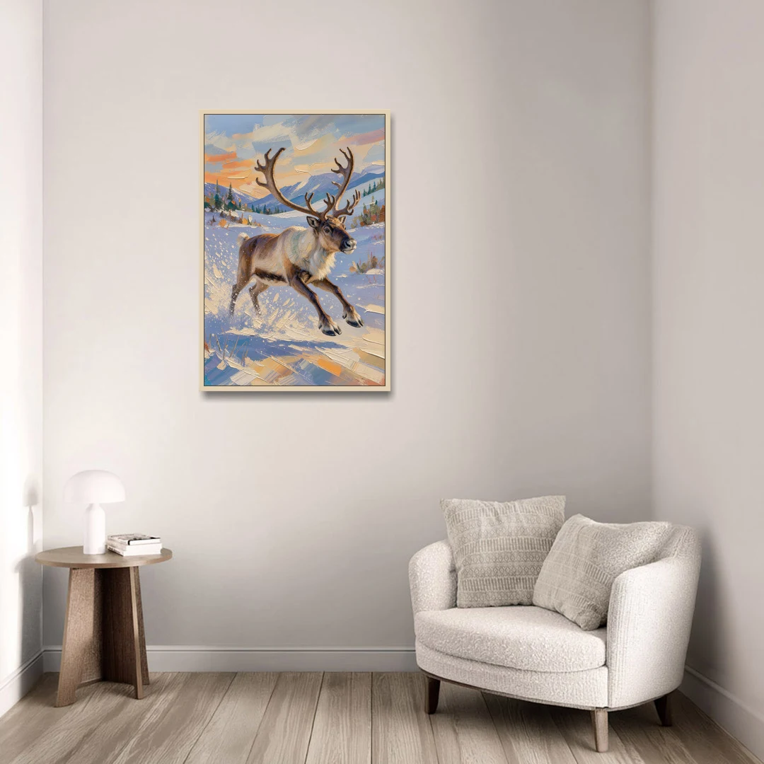 Reindeer in Snow Painting at Full Gallop - Oak Framed Canvas Wall Art - Sofa - 24x36