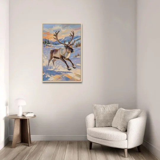 Reindeer in Snow Painting at Full Gallop - Oak Framed Canvas Wall Art - Sofa - 24x36