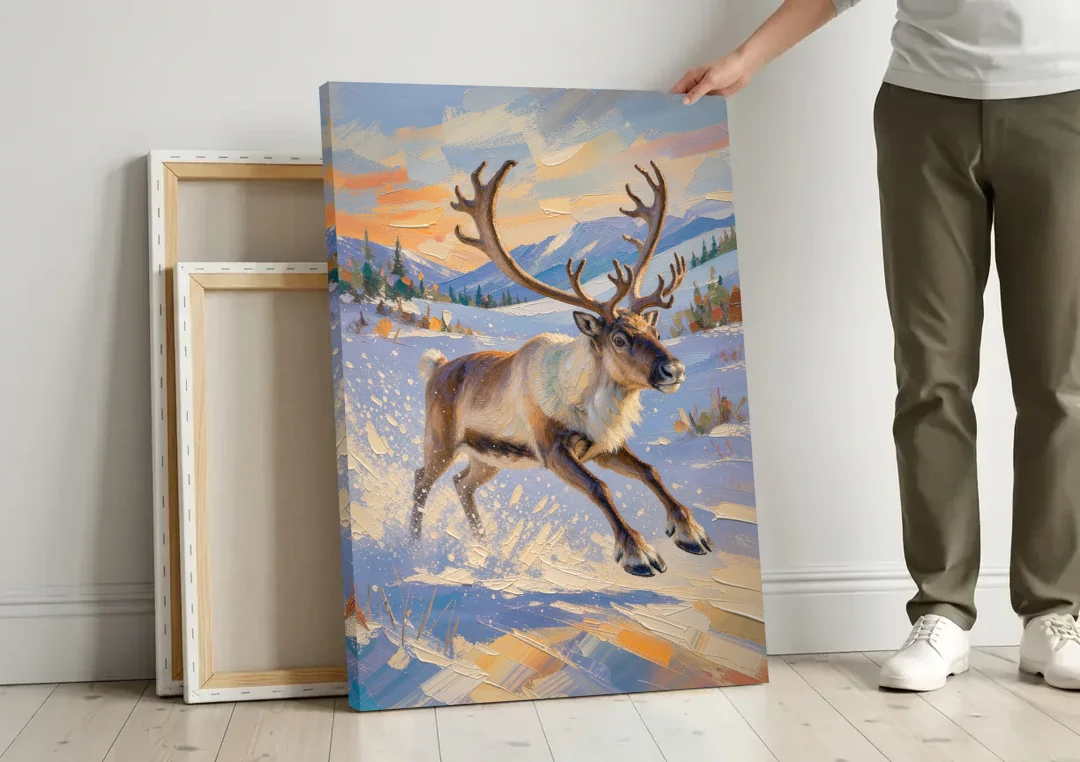Reindeer in Snow Painting at Full Gallop canvas wall art leaning against a wall next to blank canvases
