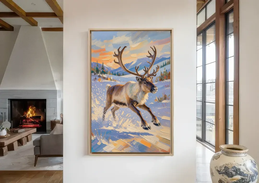 Reindeer in Snow Painting at Full Gallop canvas wall art in a living room with a fireplace