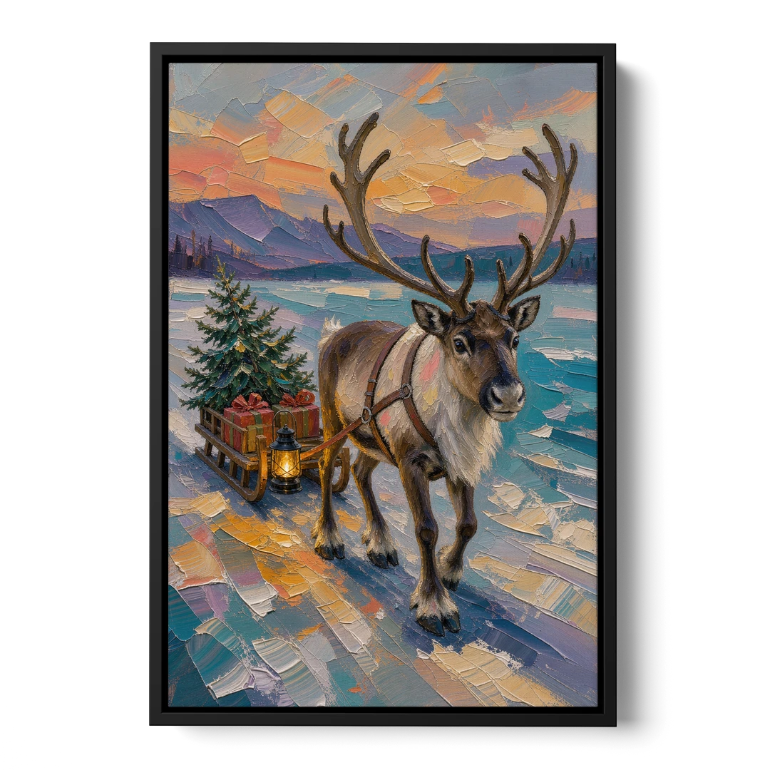 Reindeer Pulling a Tree Sled at Dusk - Black Framed Canvas Wall Art - Front