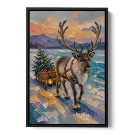 Reindeer Pulling a Tree Sled at Dusk - Black Framed Canvas Wall Art - Front