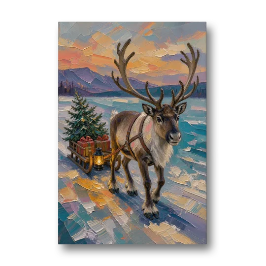 Reindeer Pulling a Tree Sled at Dusk - Canvas Wall Art - Front