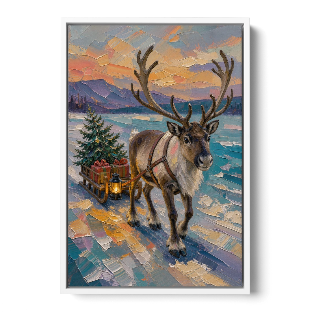 Reindeer Pulling a Tree Sled at Dusk - White Framed Canvas Wall Art - Front