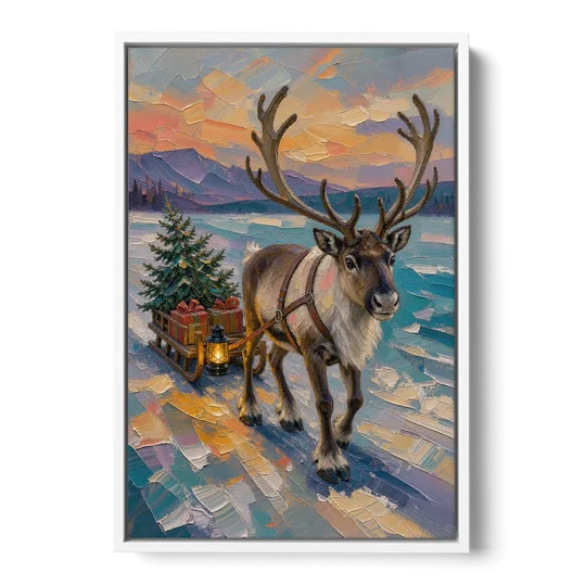 Reindeer Pulling a Tree Sled at Dusk - White Framed Canvas Wall Art - Front