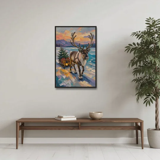 Reindeer Pulling a Tree Sled at Dusk - Black Framed Canvas Wall Art - Coffee Table - 24x36