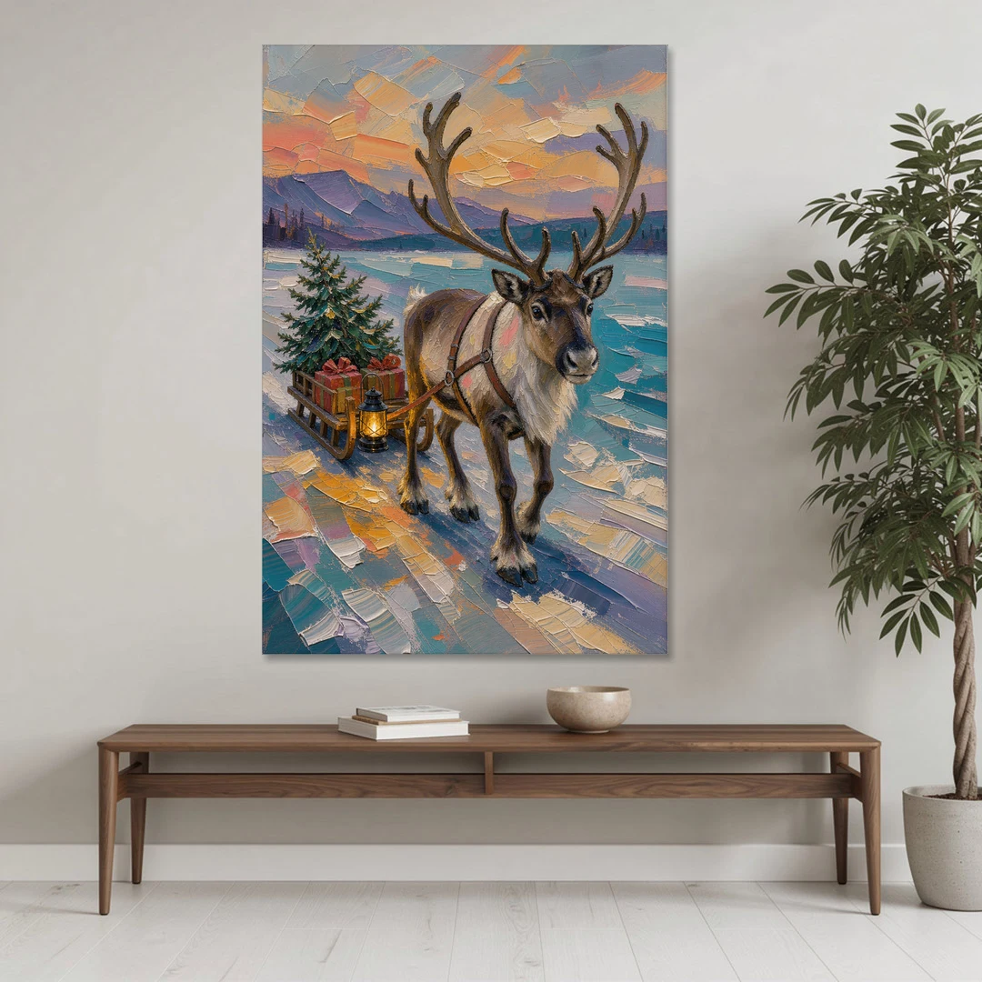 Reindeer Pulling a Tree Sled at Dusk - Canvas Wall Art - Coffee Table - 40x60
