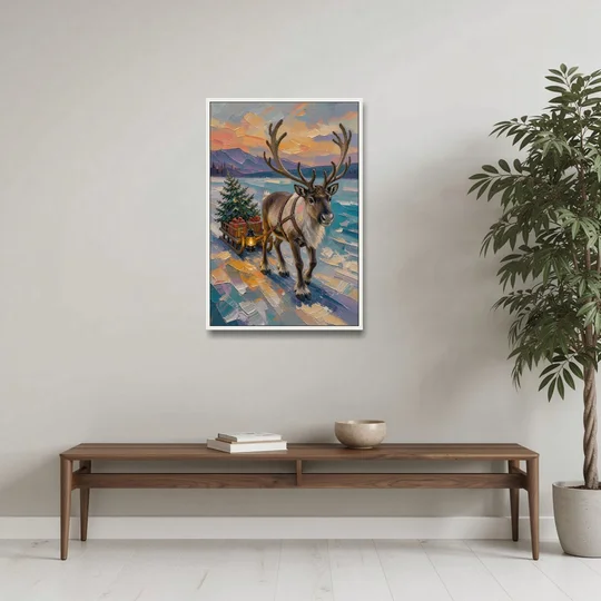 Reindeer Pulling a Tree Sled at Dusk - White Framed Canvas Wall Art - Coffee Table - 24x36