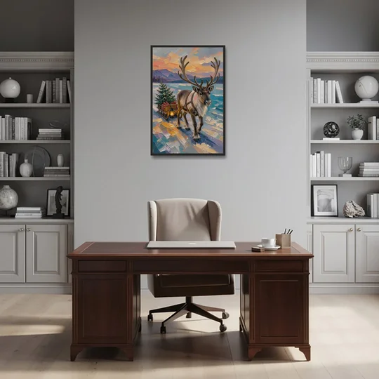 Reindeer Pulling a Tree Sled at Dusk - Black Framed Canvas Wall Art - Office - 24x36