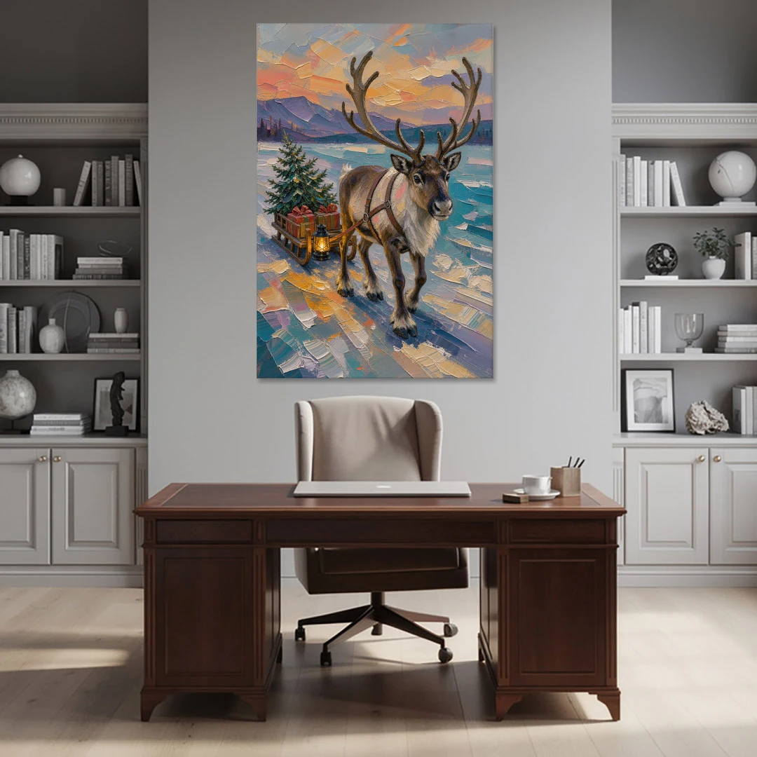 Reindeer Pulling a Tree Sled at Dusk - Canvas Wall Art - Office - 40x60
