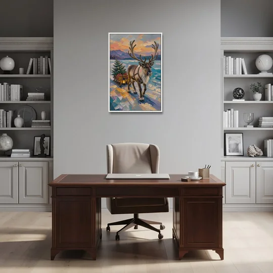 Reindeer Pulling a Tree Sled at Dusk - White Framed Canvas Wall Art - Office - 24x36