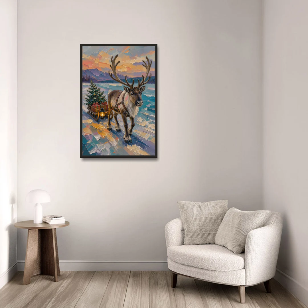 Reindeer Pulling a Tree Sled at Dusk - Black Framed Canvas Wall Art - Sofa - 24x36