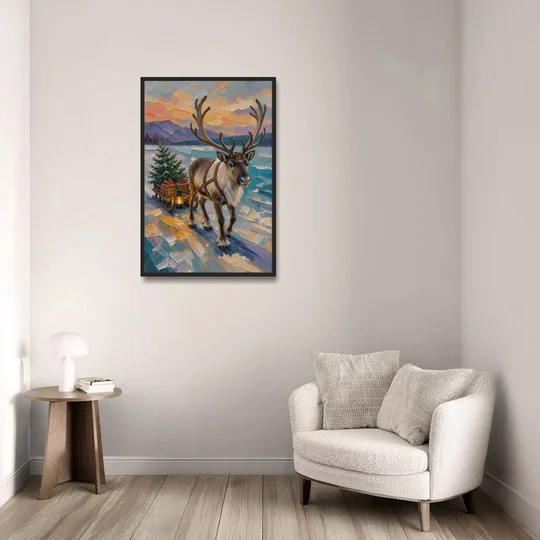 Reindeer Pulling a Tree Sled at Dusk - Black Framed Canvas Wall Art - Sofa - 24x36