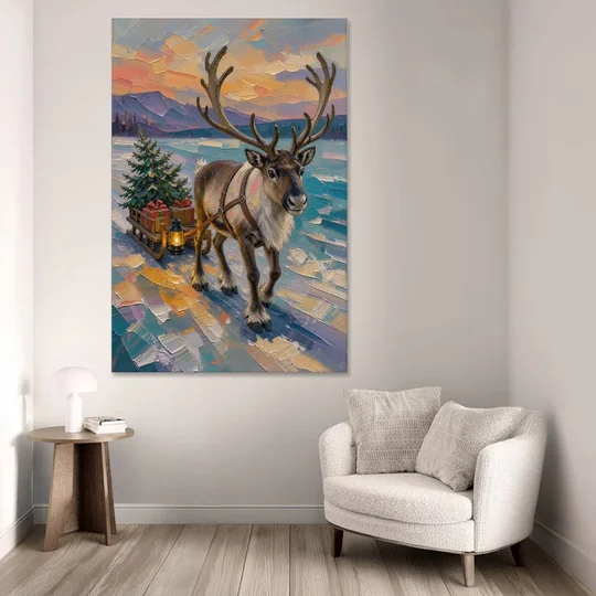 Reindeer Pulling a Tree Sled at Dusk - Canvas Wall Art - Sofa - 40x60