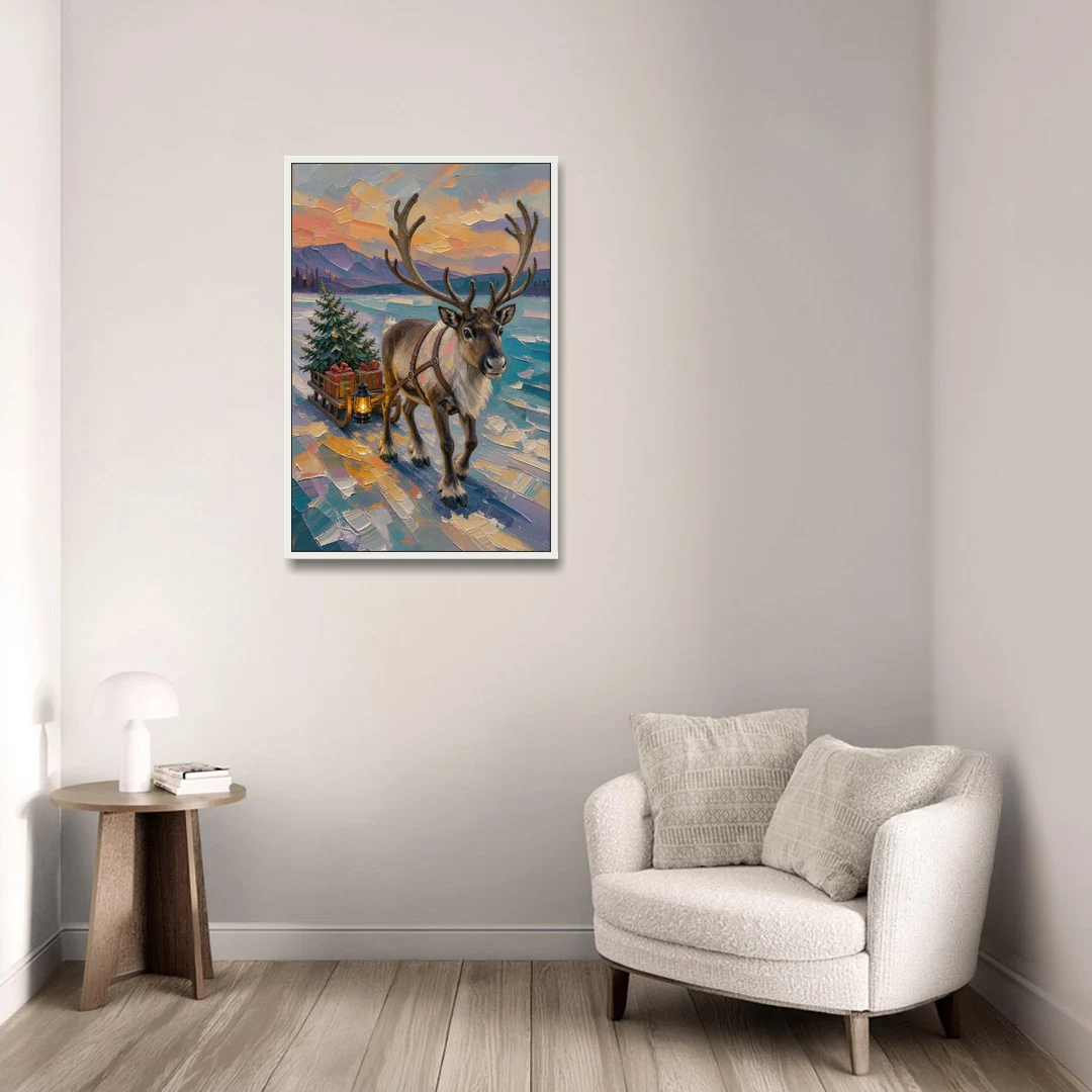Reindeer Pulling a Tree Sled at Dusk - White Framed Canvas Wall Art - Sofa - 24x36