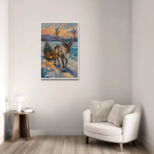 Reindeer Pulling a Tree Sled at Dusk - White Framed Canvas Wall Art - Sofa - 24x36